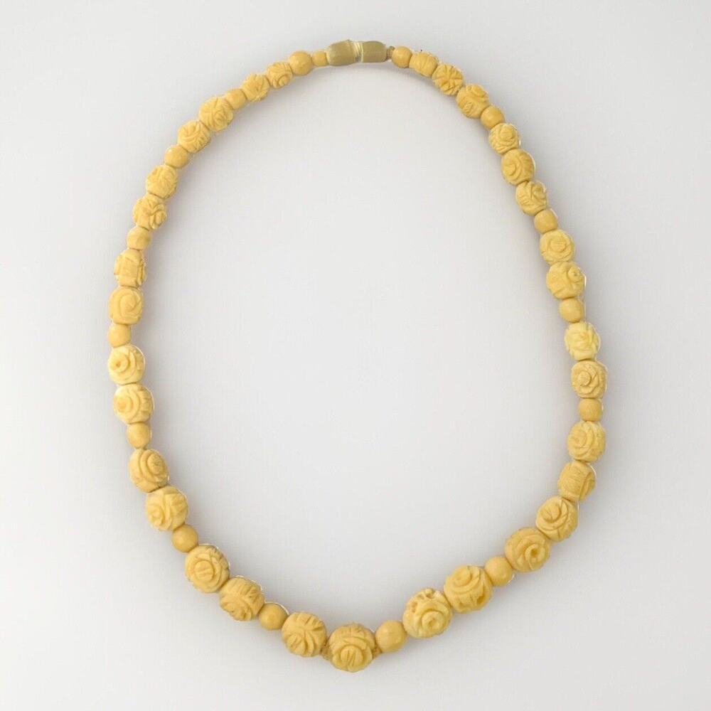 Vintage Carved Cabbage Rose Bead Necklace - Broken Clasp